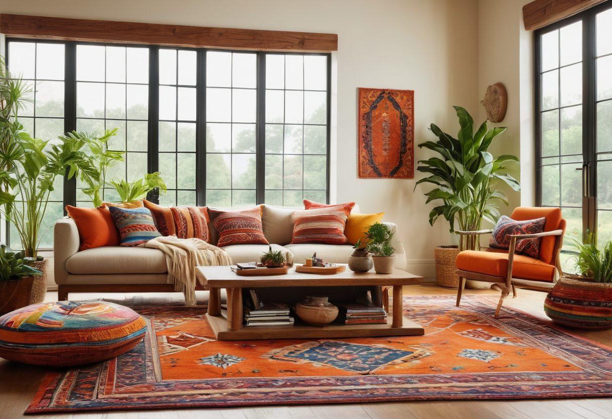 A vibrant living room showcasing Chiliwich designs, featuring stylish textiles and joyful home decor elements like elegant rugs and playful cushions. Bright natural light pours through large windows, highlighting the textures of the fabrics. A touch of greenery with potted plants adds freshness and warmth to the space. The overall ambiance conveys comfort and sophistication. super-realistic. vibrant colors. cozy atmosphere.
