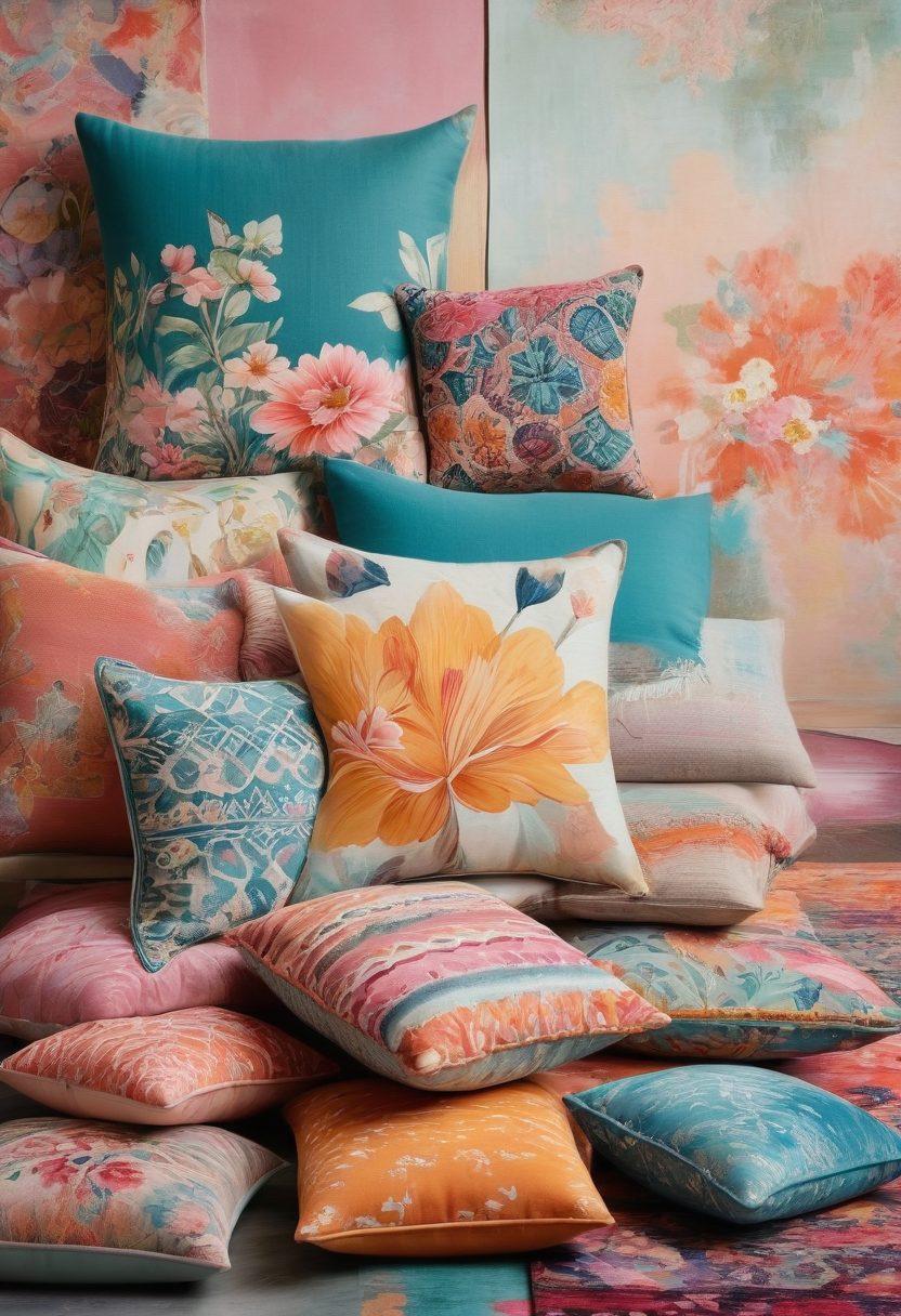 A vibrant collage of diverse patterns and textures, showcasing bold geometric designs, intricate floral motifs, and soft wood grains intermingled with colorful fabrics. The background features playful splashes of paint in pastel shades, inviting a sense of joy and creativity. Include elements such as cushions, rugs, and wall hangings that embody eclectic styles. super-realistic. vibrant colors. bright background.