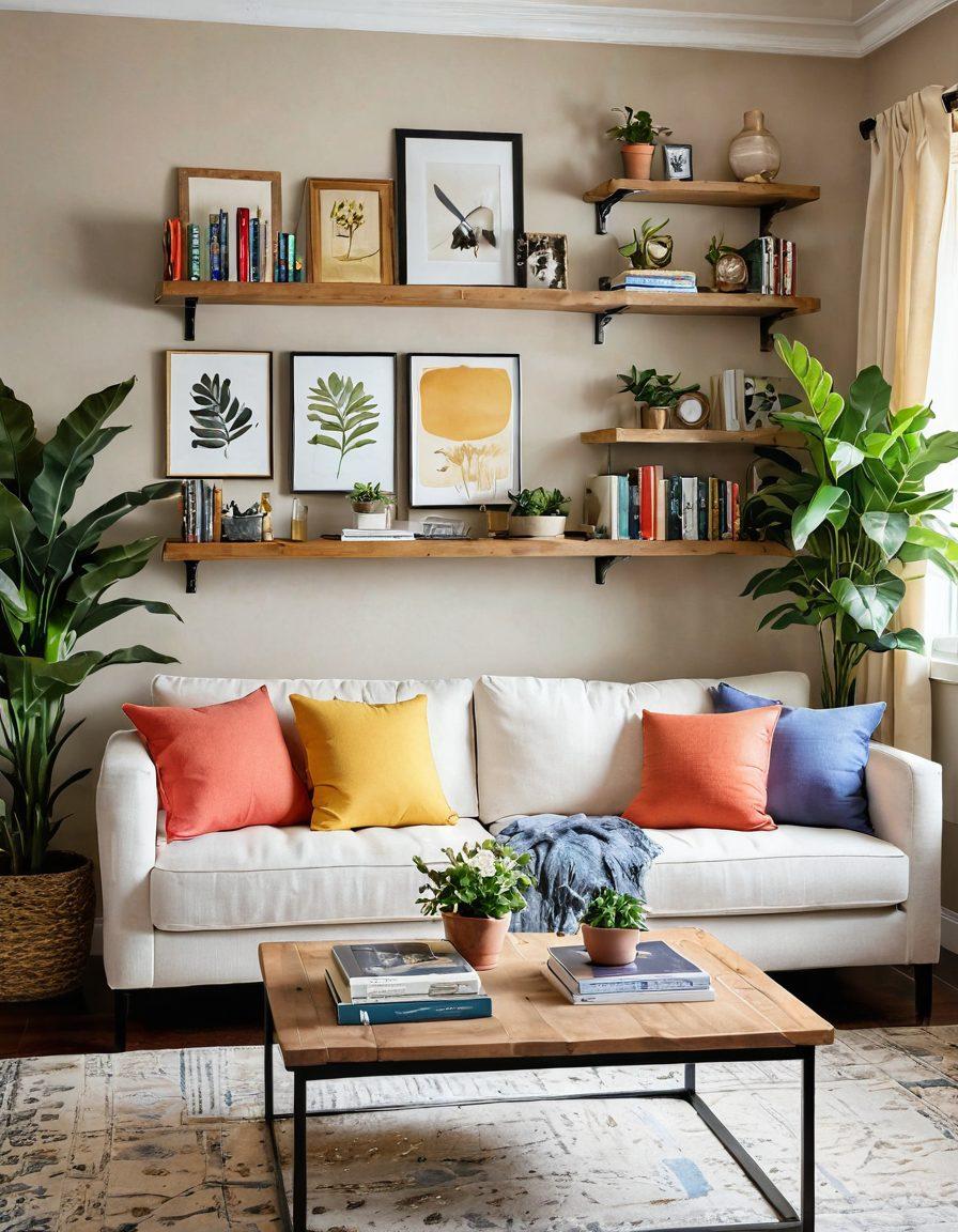 A cozy and inviting living room showcasing stylish functional decor, featuring a comfortable sofa with colorful throw pillows, a chic coffee table adorned with decorative books and plants, and soft lighting creating a warm ambiance. Bright wall art and a well-organized bookshelf in the background enhance the feeling of home. Include textures like wood and fabric for warmth. super-realistic. vibrant colors. bright background.